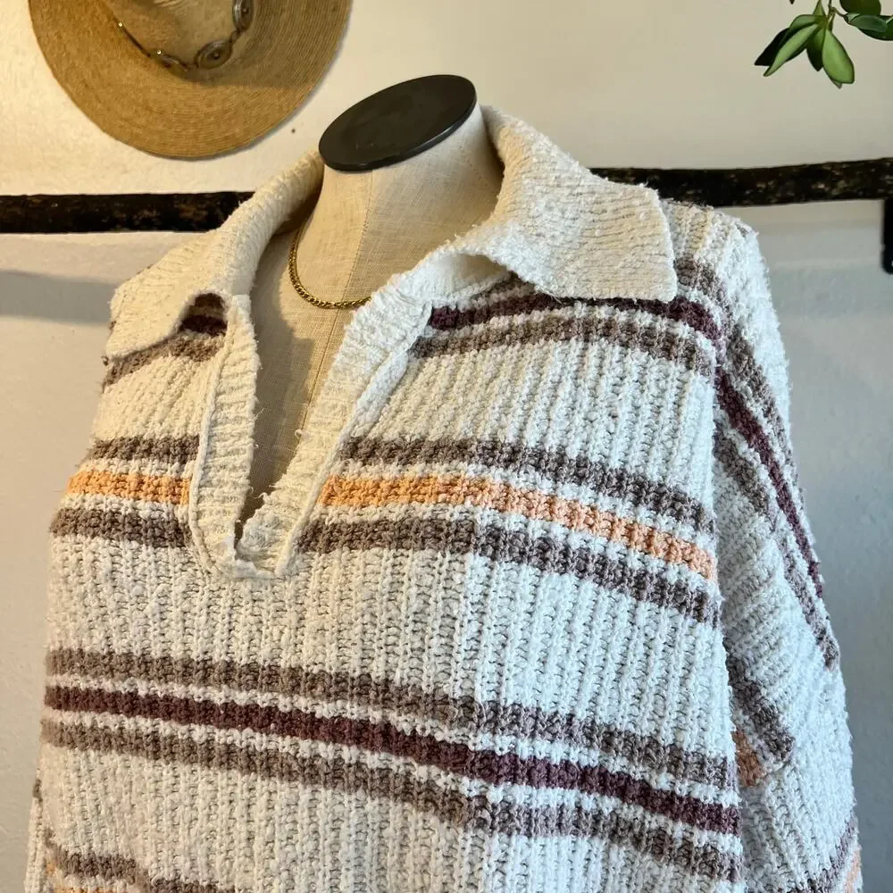 Free People Kennedy Striped Collared Cropped Chunky Knit Sweater Size Large